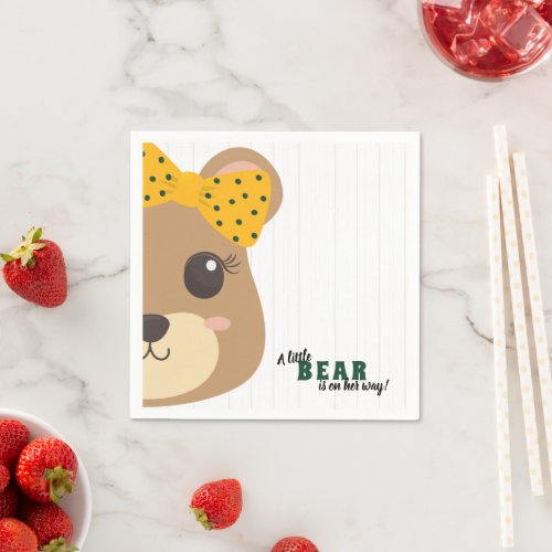 Baby Girl Bear Green  Gold Baby Shower Napkins