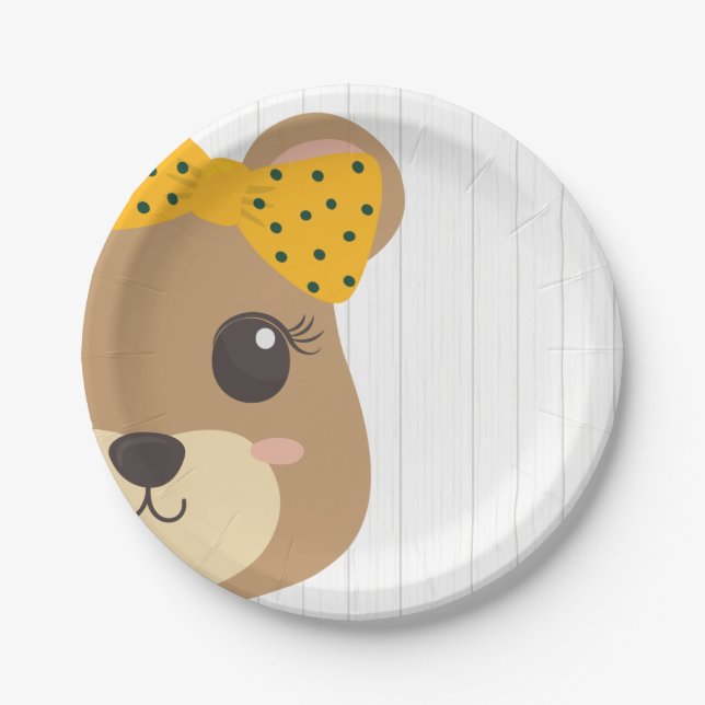Baby Girl Bear Green & Gold Baby Shower Paper Plates (Front)