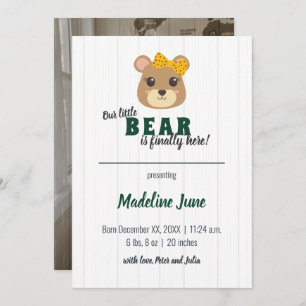 Baby Girl Bear Green & Gold Vertical Baby Announcement