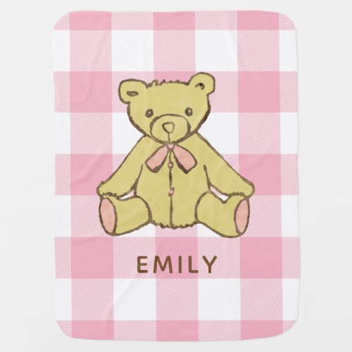 Baby Girl Bear Pastel Pink Buffalo Plaid with Name Baby Blanket