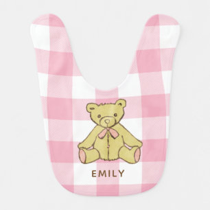 Baby Girl Bear Pastel Pink Buffalo Plaid with Name Bib