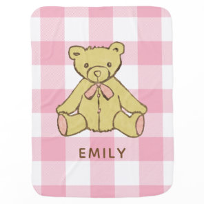 Baby Girl Bear Pastel Pink Buffalo Plaid with Name Blanket