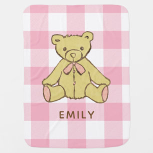 Baby Girl Bear Pastel Pink Buffalo Plaid with Name Blanket