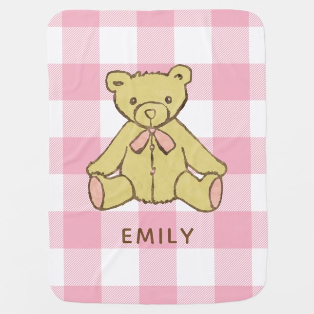 Baby Girl Bear Pastel Pink Buffalo Plaid with Name Blanket (Front)