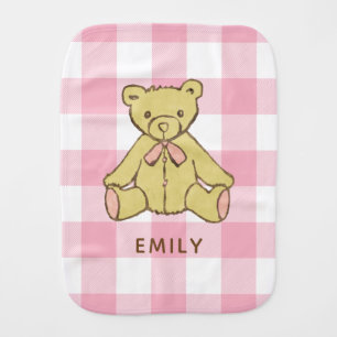 Baby Girl Bear Pastel Pink Buffalo Plaid with Name Burp Cloth
