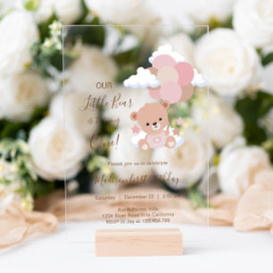 Baby Girl Bear With Balloons Clouds 1st Birthday Acrylic Invitations