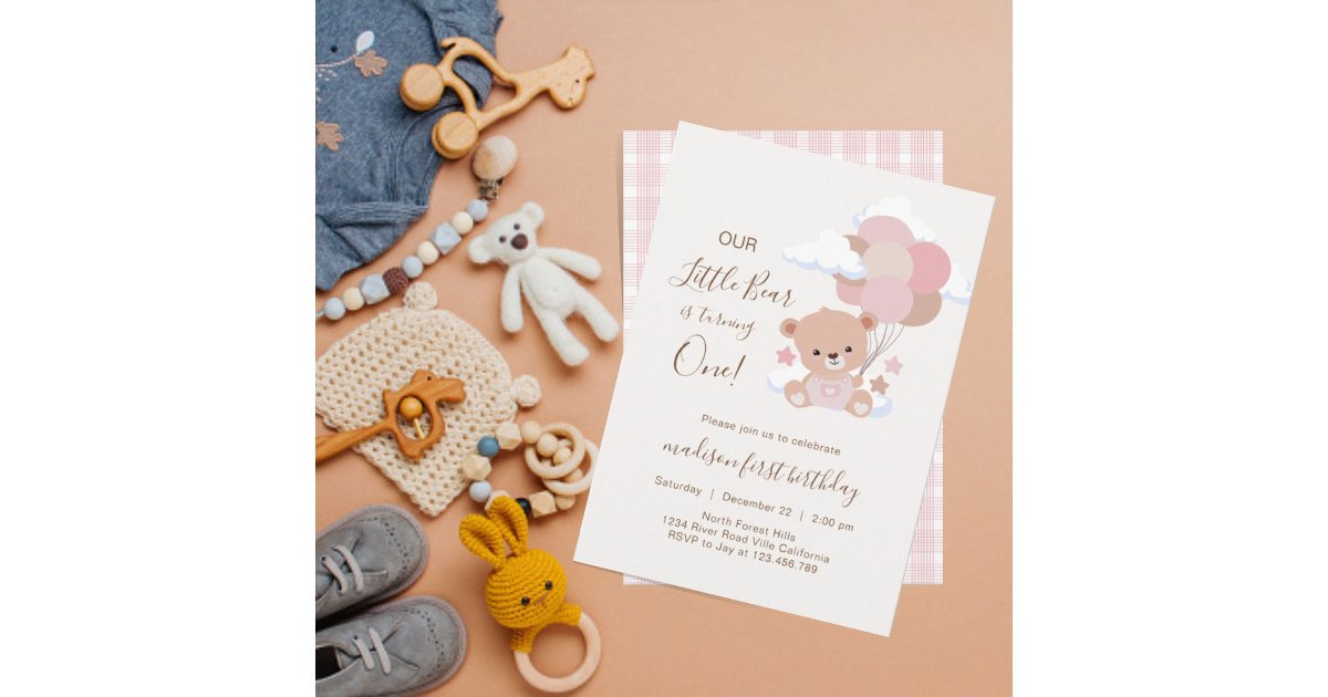 Baby Girl Bear With Balloons Clouds 1st Birthday Invitation | Zazzle