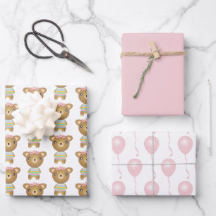 Baby Girl Bear With Balloons Wrapping Paper Sheets