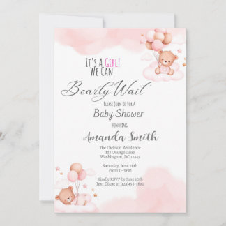 Baby Girl Bearly Wait Baby Shower Invitation