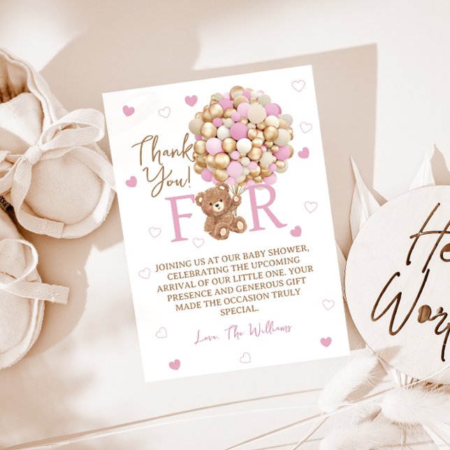 Baby Girl Bearly wait pink balloons baby shower  Thank You Card (Creator Uploaded)