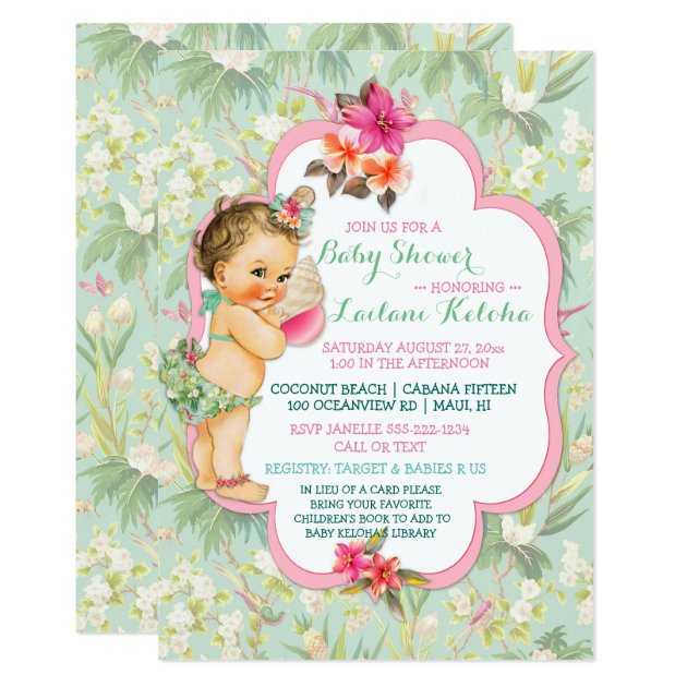 Baby Girl Bikini Tropical Luau Hawaiian Shell Invitation