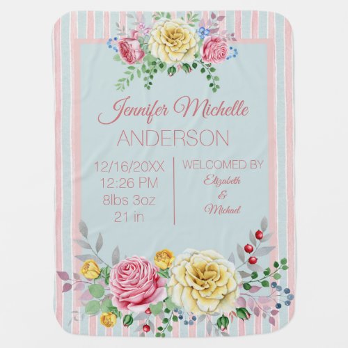 Baby Girl Birth Announcement Floral Rose Baby Blanket