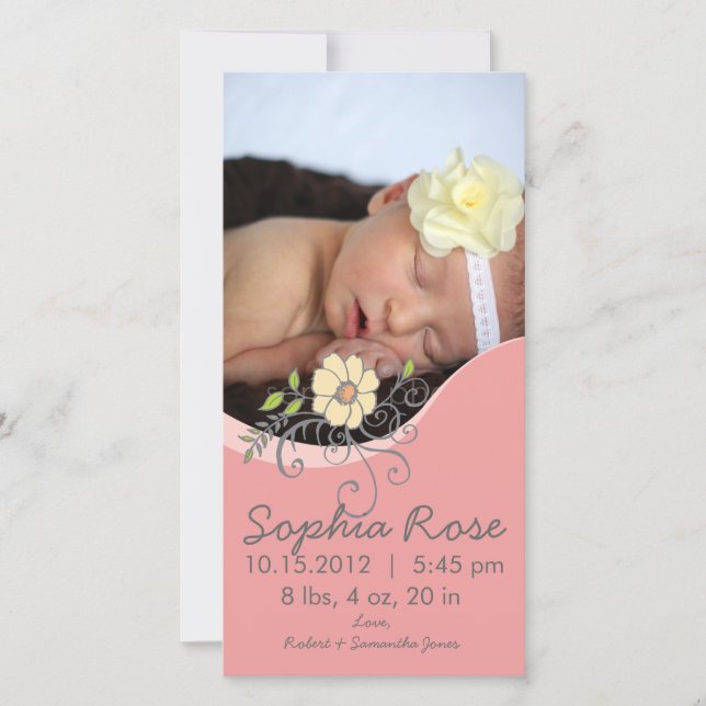 Baby Girl Birth Announcement in pink and yellow (Front)