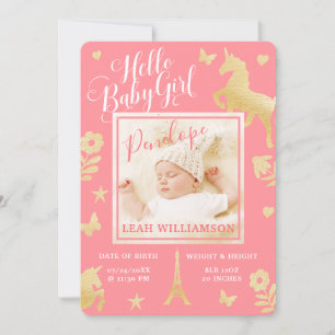 Baby Girl Birth Announcement Magical Unicorn