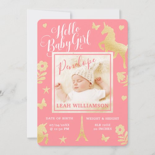 Baby Girl Birth Announcement  Magical Unicorn