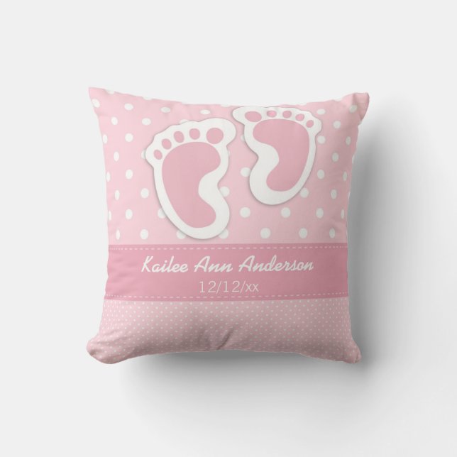 Baby Girl Birth Announcement Name Date Polka Dot Throw Pillow (Front)