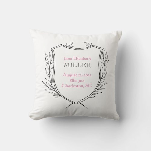 Baby Girl Birth Announcement Nursery Decor Pink  Throw Pillow