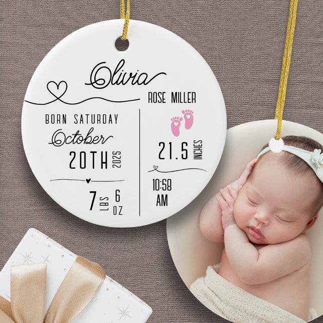 Baby Girl Birth Announcement Photo Name Stats Ceramic Ornament (Personalized Baby Girl Custom Ornament Birth Announcement Name Stats Photo Baby's First Christmas)