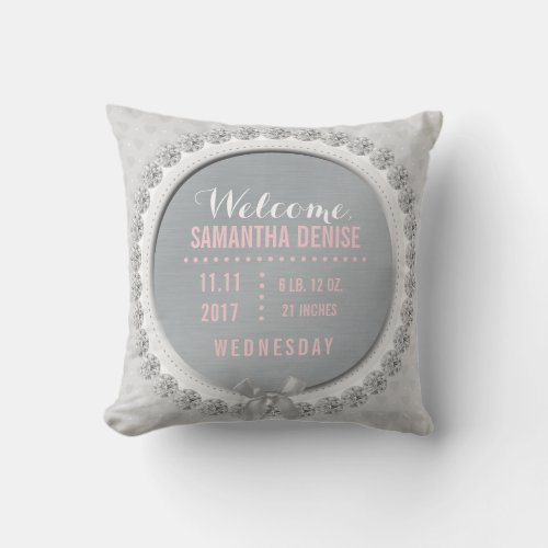 Baby Girl Birth Announcement Pink Gray Nursery Throw Pillow