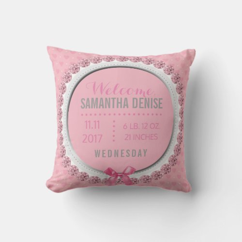 Baby Girl Birth Announcement Pink Nursery Throw Pillow