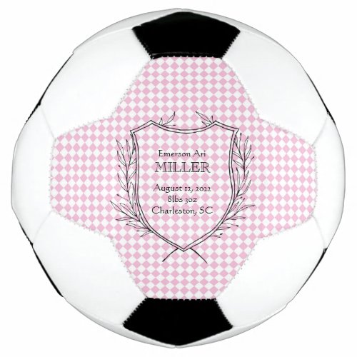 Baby Girl Birth Announcement Sports Pink White Soccer Ball