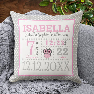 Baby Girl Birth Announcement Throw Pillow