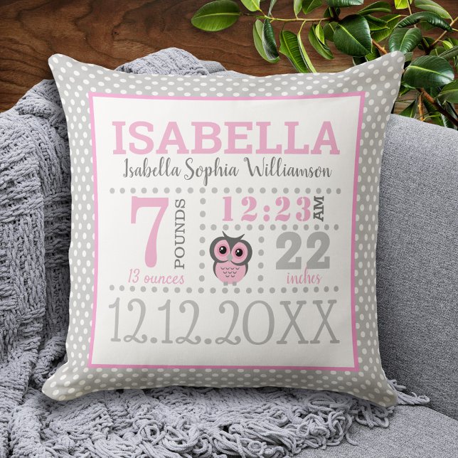 Baby Girl Birth Announcement Throw Pillow (Creator Uploaded)