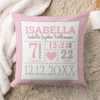 Baby Girl Birth Announcement Throw Pillow