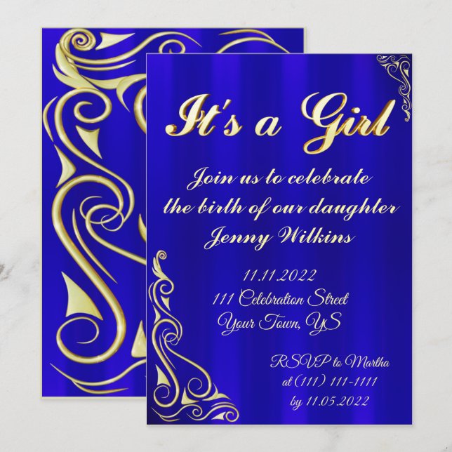 Baby Girl Birth Celebration Gold and Blue Invitation (Front/Back)