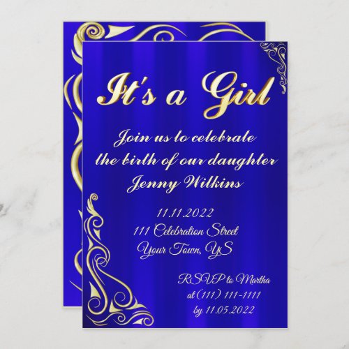 Baby Girl Birth Celebration Gold and Blue Invitation