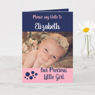 Baby girl birth details thank you photo navy card