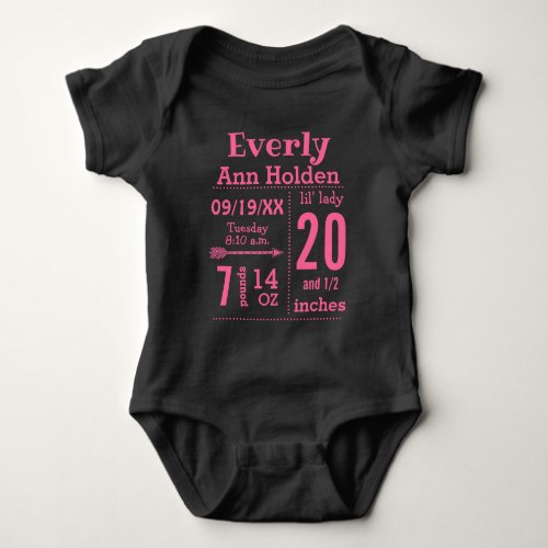 Baby Girl Birth Record Stats Pink and Black Baby Bodysuit