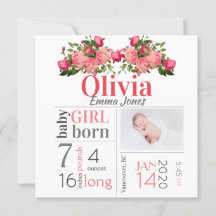 Baby Girl Birth Stat Announcement Pink Floral Card