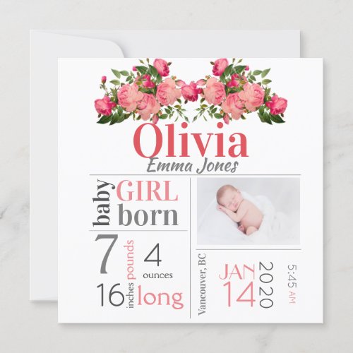 Baby Girl Birth Stat Announcement Pink Floral Card