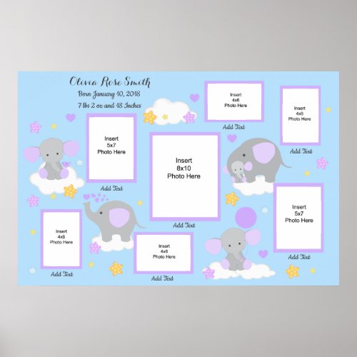 Baby Girl Birth Stat Purple Elephant Photo Collage Poster