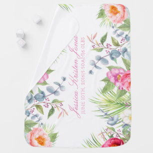 Baby Girl Birth Stat Tropical Romantic Floral Pink Blanket