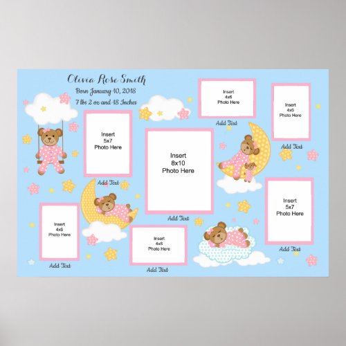 Baby Girl Birth Stats Announcement Photo Collage Poster