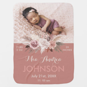 Baby Girl Birth Stats Boho Bohemian Pink Floral Baby Blanket