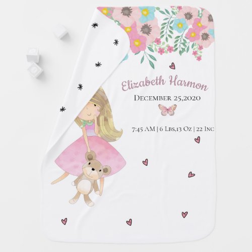 Baby Girl Birth Stats Cute Doll and a Bear Baby Blanket