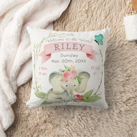 Baby Girl Birth Stats Cute Elephant Throw Pillow