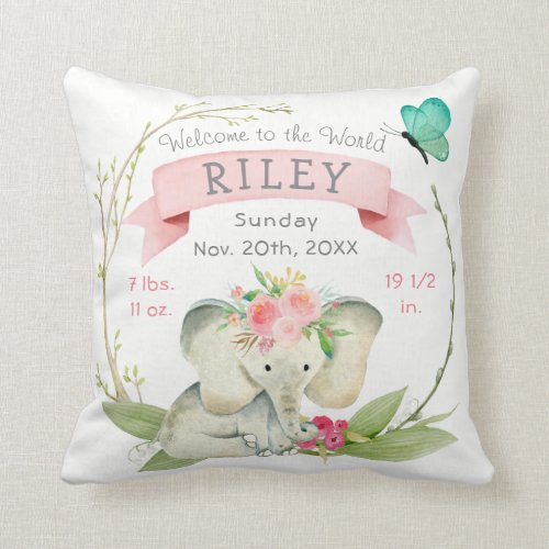 Baby Girl Birth Stats Cute Elephant Throw Pillow