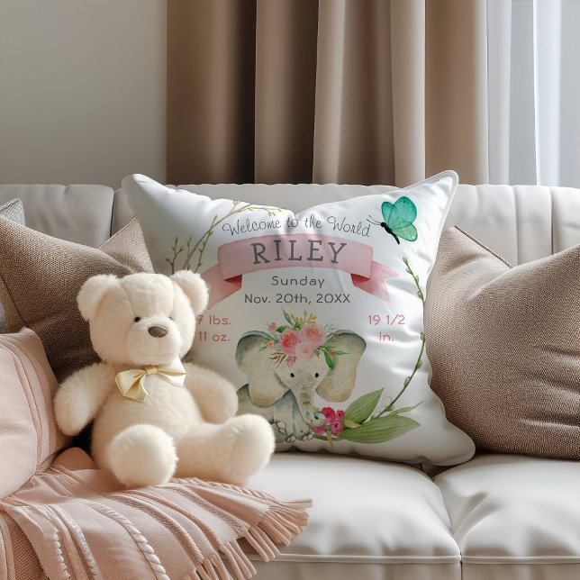 Baby Girl Birth Stats Cute Elephant Throw Pillow (Personalize with your baby's birth stats.)