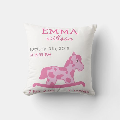 Baby Girl Birth Stats Cute Pink Rocking Horse Throw Pillow - An adorable pink rocking horse drawing. This cute pillow welcomes a baby girl. A personalized keepsake pillow includes the baby's name, birth date, time of birth, birth weight and length. The reverse side of the pillow is pink.