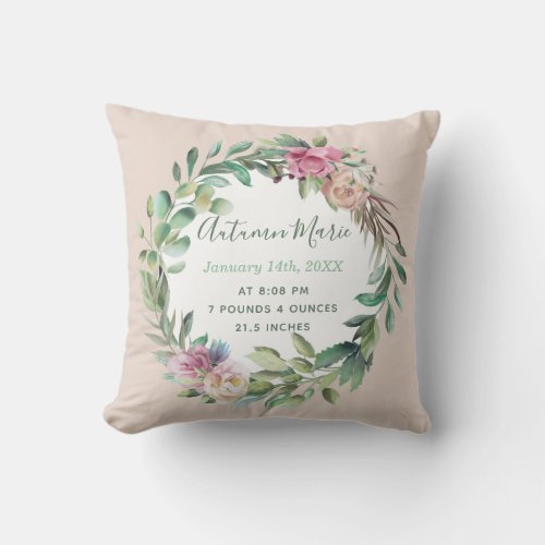 Baby Girl Birth Stats Floral Throw Pillow