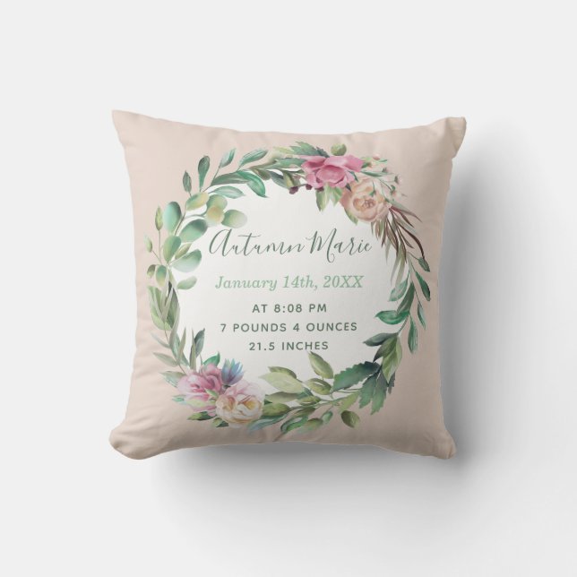 Baby Girl Birth Stats Floral Throw Pillow (Front)