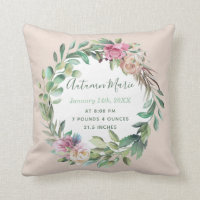 Baby Girl Birth Stats Floral Throw Pillow