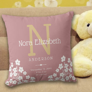 Baby Girl Birth Stats Flowers Monogram Nursery Throw Pillow