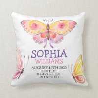 Baby Girl Birth Stats Gold Cute Butterfly Throw Pillow