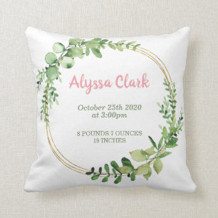 Baby Girl Birth Stats Greenery Botanical Throw Pillow