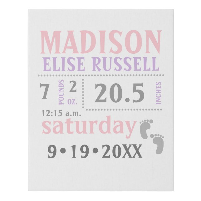 Baby Girl Birth Stats Keepsake wall art typography (Front)